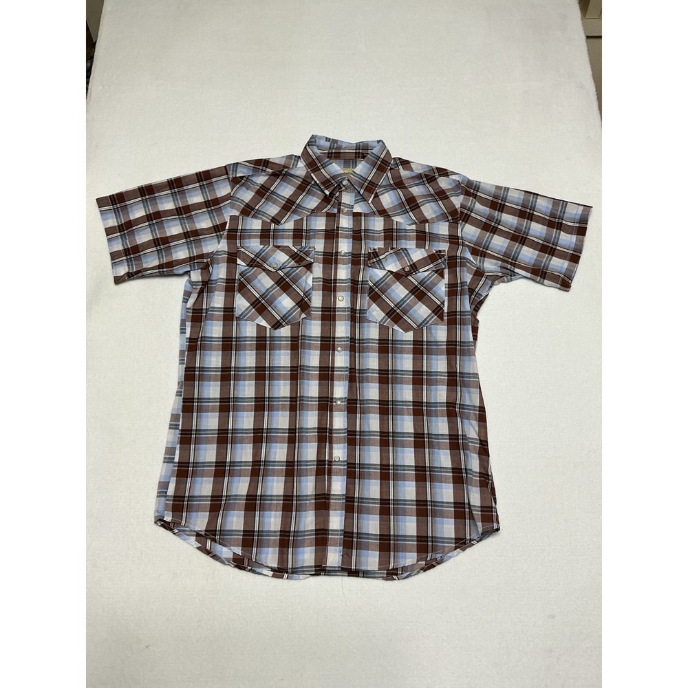 Bit & Bridle Mens Large Plaid Western Pearl Snap Shirt Brown Blue Short Sleeve